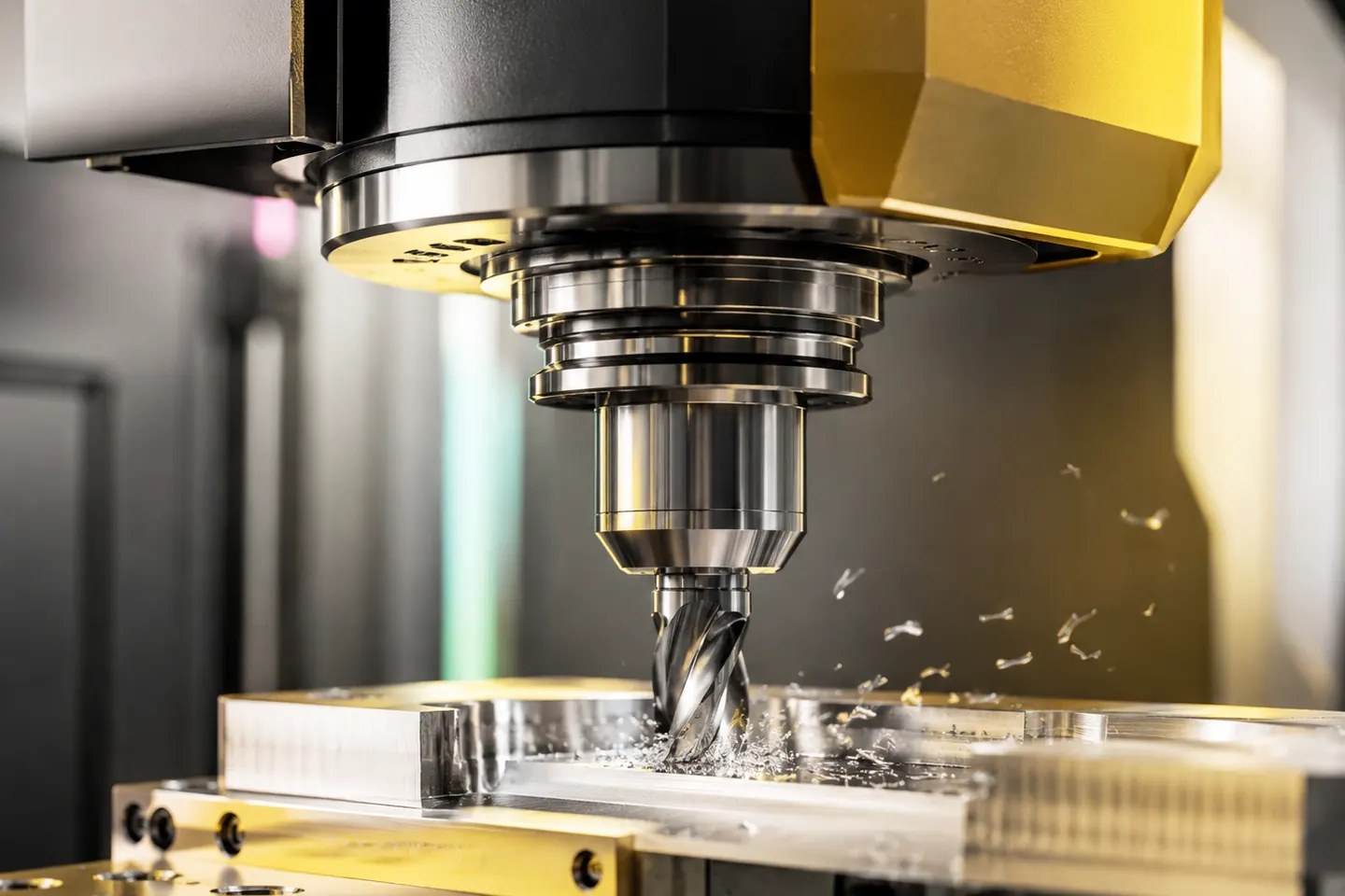 Schaftfräser einer CNC-Maschine zerspant eine Aluminiumplatte