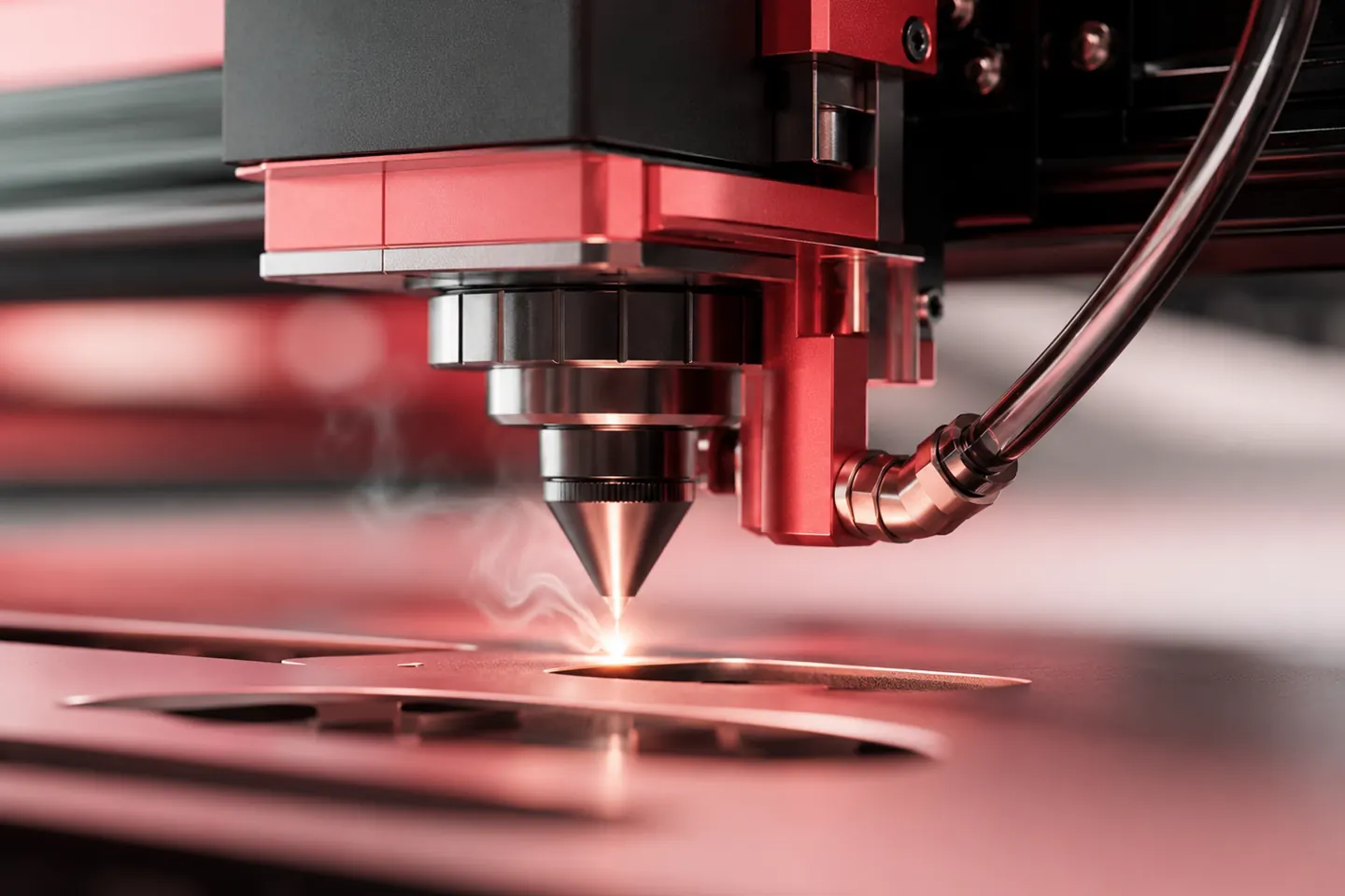Laserkopf schneidet glühend eine Kontur aus einer Blechtafel