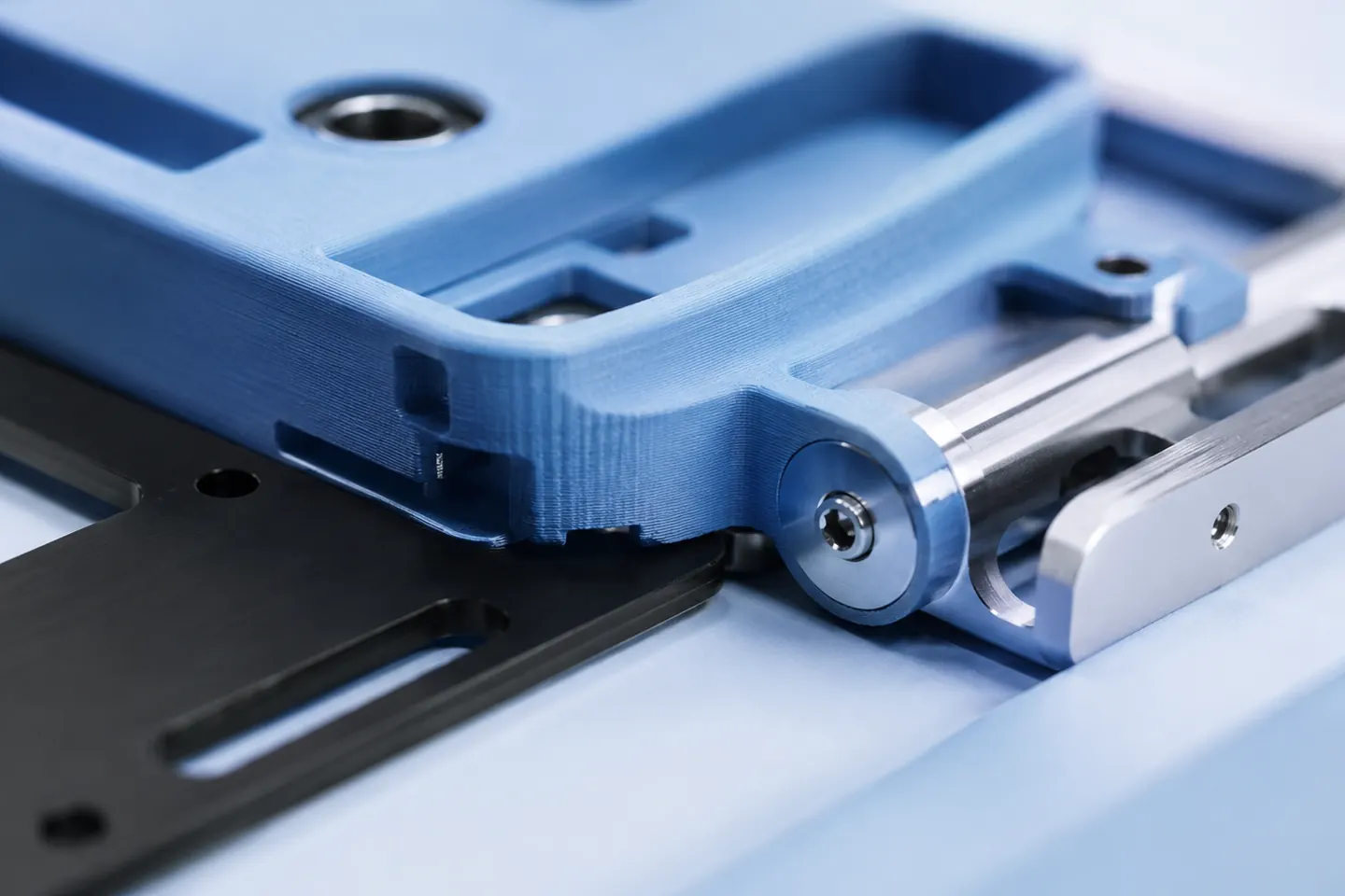 Gedrucktes blaues Bauteil, verschraubt mit gefrästen Aluminiumteilen