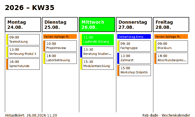 Wochenansicht auf dem E-Paper-Display mit farbig markierten Terminen
